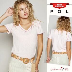 POL V-Neck Short Sleeves Contrast Overlock Stitching Ribbed T-Shirt | Baby Pink